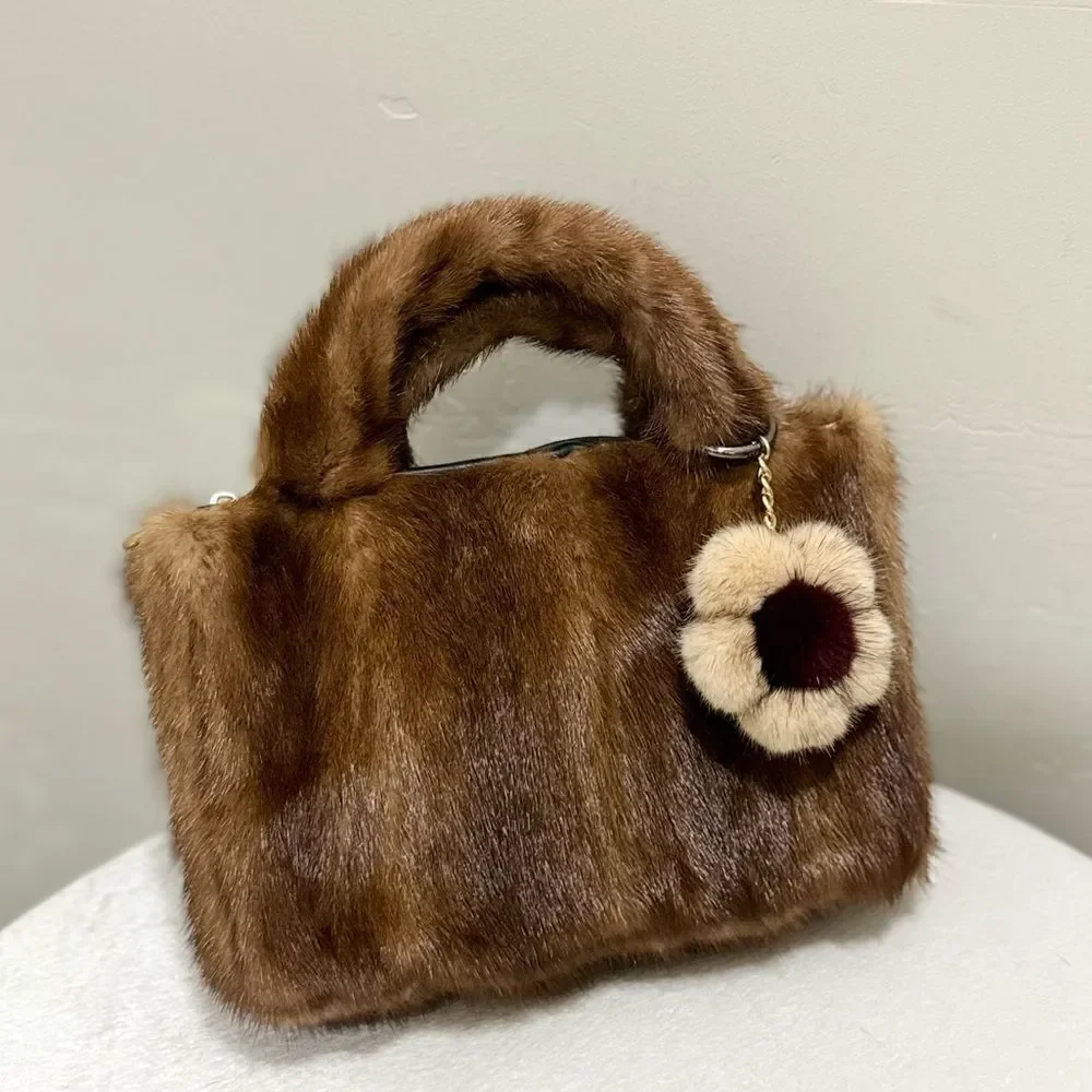Handmade Real Muskrat Fur Top Handles Satchel With Mink Fur Flower Bag Charm